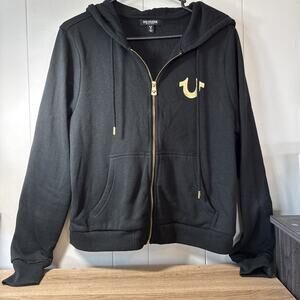 Y2K True Religion Black Zip Up Hoodie Jacket with Gold Detailing Large AA3